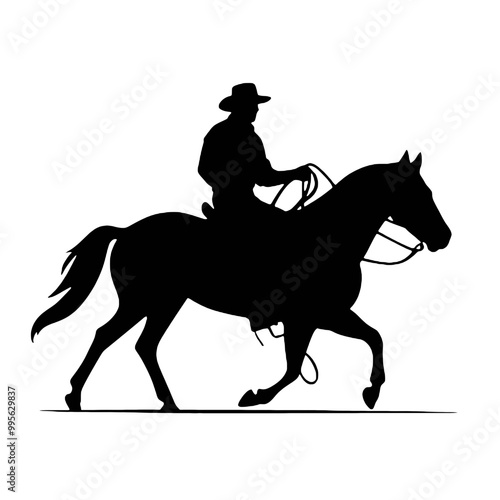 Silhouette of a cowboy on a horse roping cattle, in black, isolated