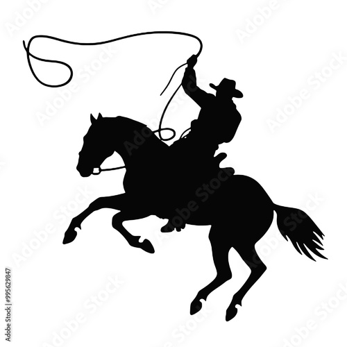 Silhouette of a cowboy on a horse roping cattle, in black, isolated