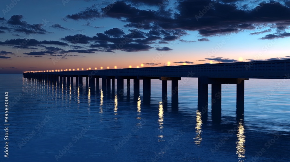 A serene pier extends over calm waters at twilight, illuminated by soft lights, creating a peaceful atmosphere. A serene pier extends over calm waters at twilight, illuminated by soft lights, creating a peaceful atmosphere.