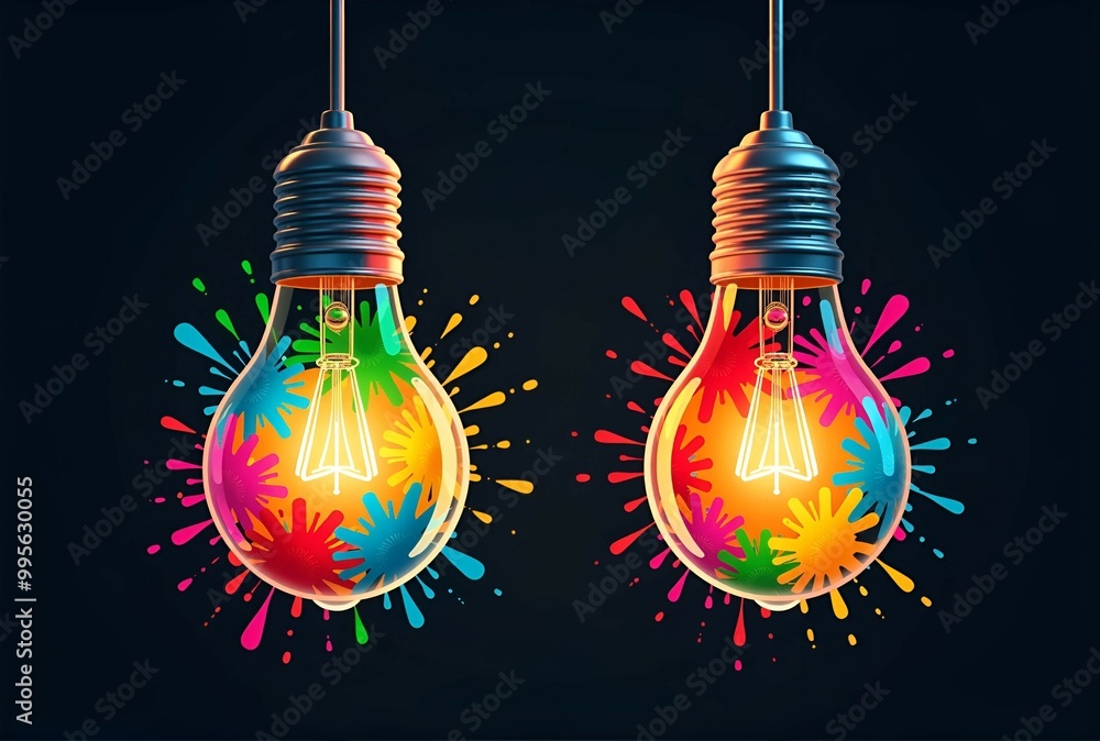 There are two light bulbs that have colorful paint splashes all over them There are two light bulbs that have colorful paint splashes all over them