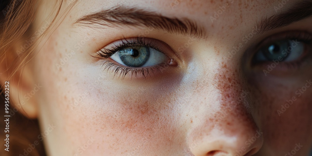 Obraz premium Close-up of a woman with freckles, focusing on her eyes and nose.