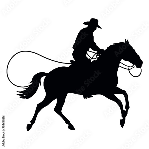 Silhouette of a cowboy on a horse roping cattle, in black, isolated