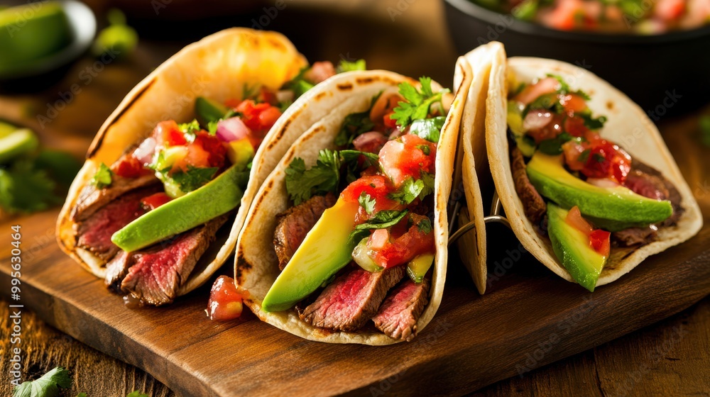 Delicious beef tacos garnished with fresh vegetables on a wooden board. Delicious beef tacos garnished with fresh vegetables on a wooden board.