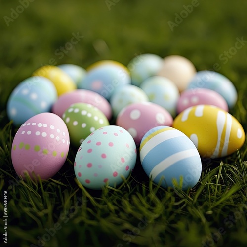 Colorful decorated eggs scattered on lush green grass, symbolizing spring and Easter festivities.