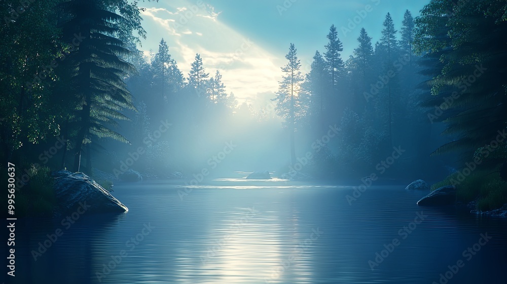 A serene river scene surrounded by misty trees, illuminated by soft sunlight, evoking tranquility and natural beauty. A serene river scene surrounded by misty trees, illuminated by soft sunlight, evoking tranquility and natural beauty.
