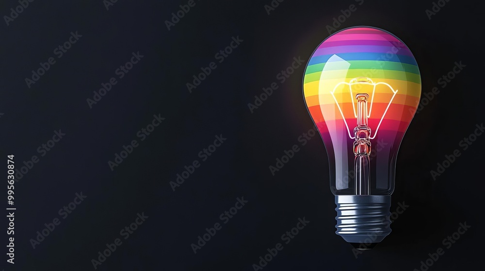 Electric light bulb emitting rainbow colors, set against a dark background, ambient light rays highlighting the spectrum, symbolizing diversity Electric light bulb emitting rainbow colors, set against a dark background, ambient light rays highlighting the spectrum, symbolizing diversity