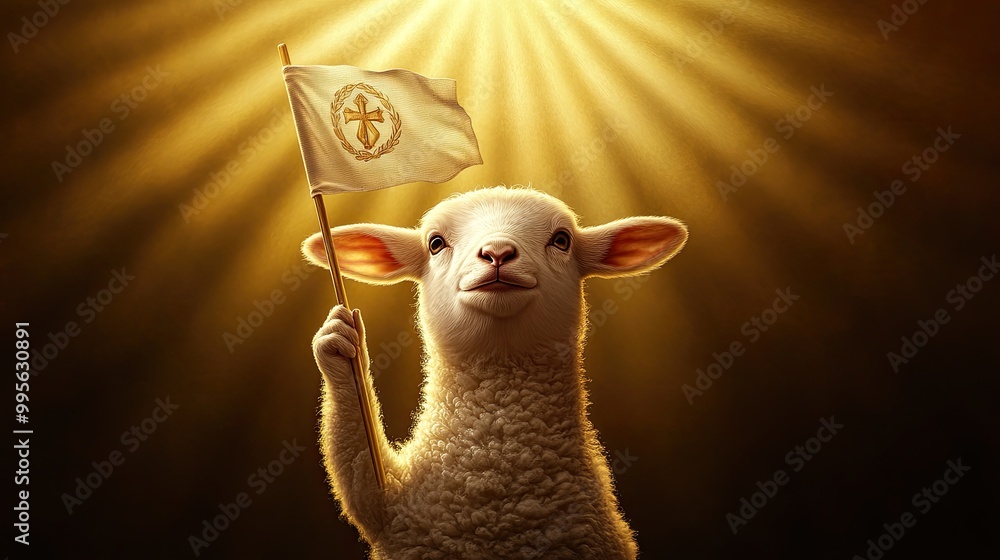 Fototapeta premium A sheep proudly holds a flag under radiant light, symbolizing hope and leadership, evoking themes of innocence and strength.