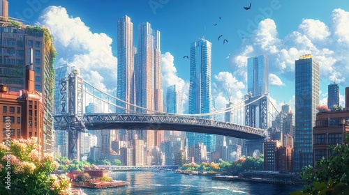 Vibrant Cityscape: Towering Skyscrapers and Iconic Bridge