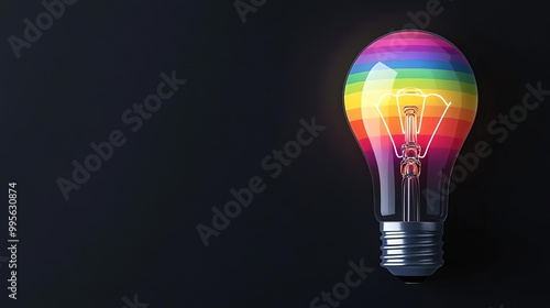 Electric light bulb emitting rainbow colors, set against a dark background, ambient light rays highlighting the spectrum, symbolizing diversity