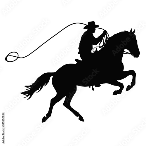 Silhouette of a cowboy on a horse roping cattle, in black, isolated