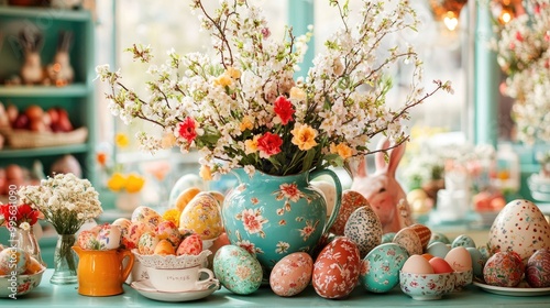 A vibrant spring scene featuring a blue floral vase filled with blossoms, surrounded by beautifully decorated Easter eggs on a bright table.