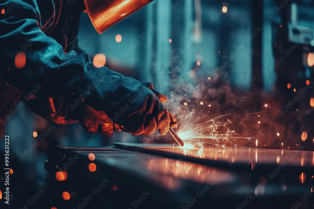 A welder working with sparks flying in a dimly lit industrial environment. A welder working with sparks flying in a dimly lit industrial environment.