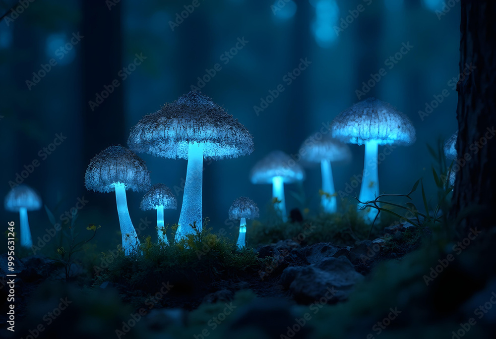 Fototapeta premium Glowing blue mushrooms illuminate dark forest, creating mystical atmosphere. ethereal light contrasts beautifully with surrounding shadows, evoking sense of wonder and enchantment