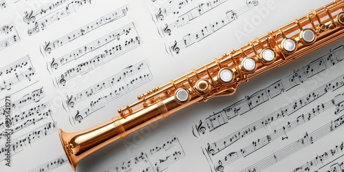 A close-up of a shiny golden flute resting on musical sheet music, capturing the essence of music and creativity, background with copy space