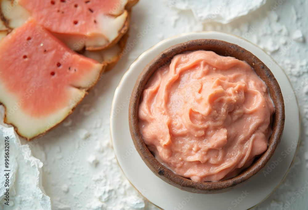 Creamy pink collagen rich food in bowl, accompanied by slices of unique fruit. This healthy product is perfect for enhancing skin health and vitality Creamy pink collagen rich food in bowl, accompanied by slices of unique fruit. This healthy product is perfect for enhancing skin health and vitality
