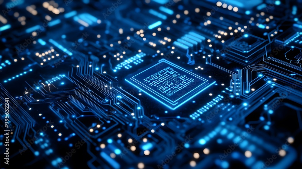 A digital circuit board with glowing nodes and pathways, representing the advanced technology of artificial intelligence A digital circuit board with glowing nodes and pathways, representing the advanced technology of artificial intelligence