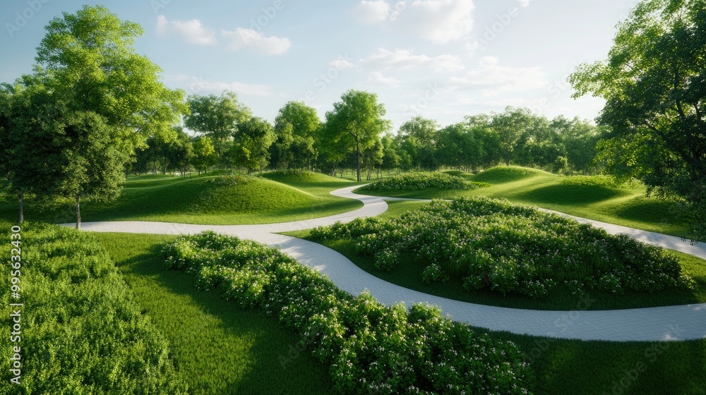 A serene landscape featuring winding pathways amidst lush greenery, hills, and trees under a clear sky, inviting peaceful strolls and nature exploration. A serene landscape featuring winding pathways amidst lush greenery, hills, and trees under a clear sky, inviting peaceful strolls and nature exploration.