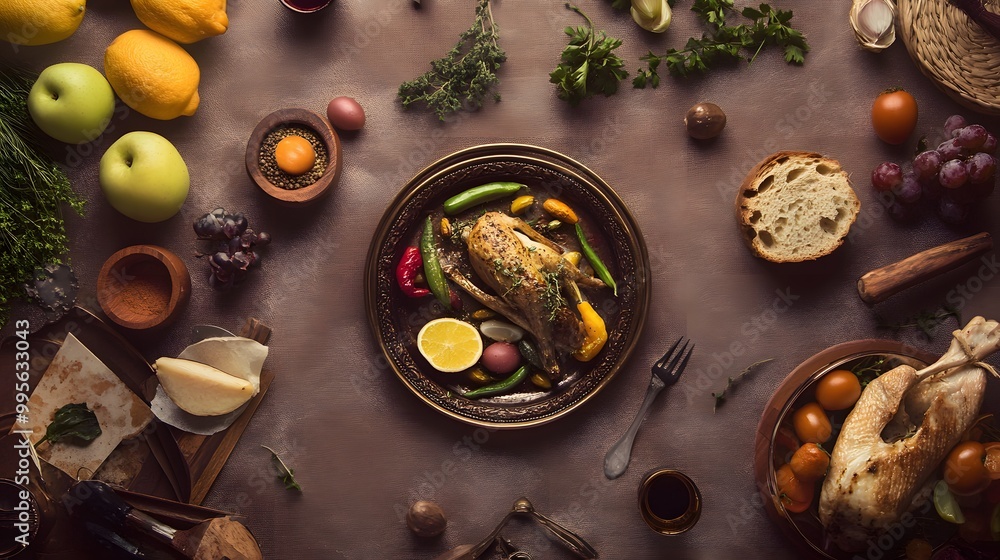 A roasted chicken with vegetables, lemon, and herbs on a plate. A roasted chicken with vegetables, lemon, and herbs on a plate.