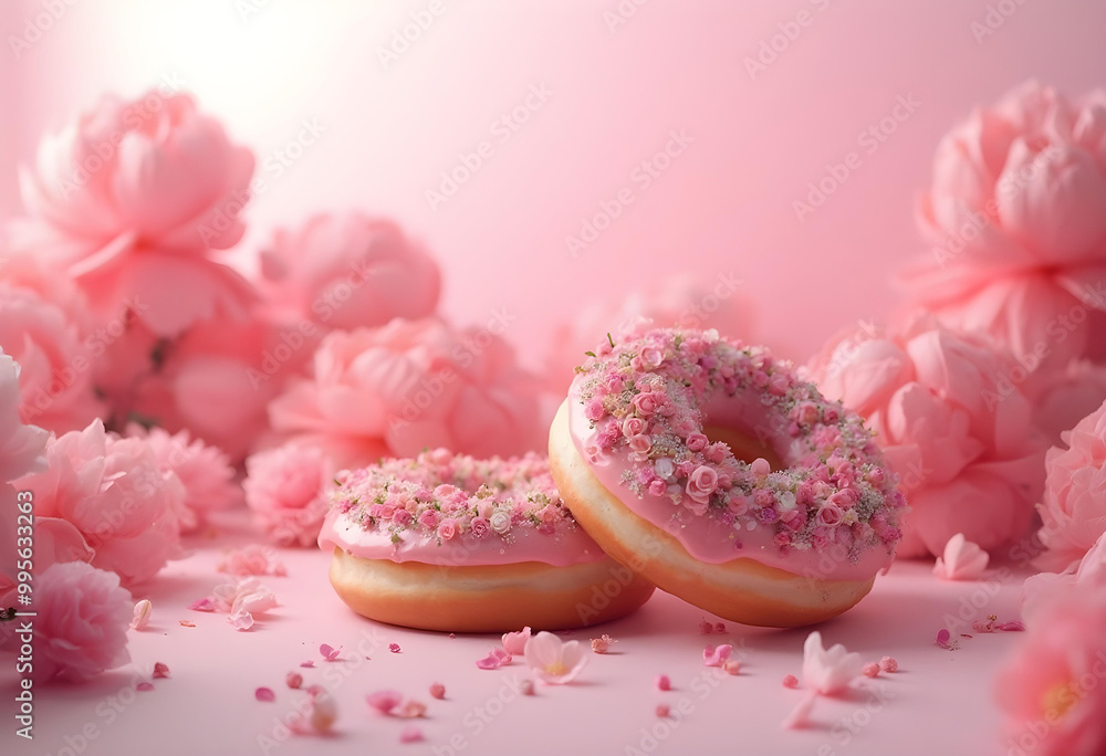Naklejka premium Delightful pink donuts adorned with floral decorations sit amidst backdrop of soft pink flowers, creating whimsical and charming atmosphere perfect for celebrations