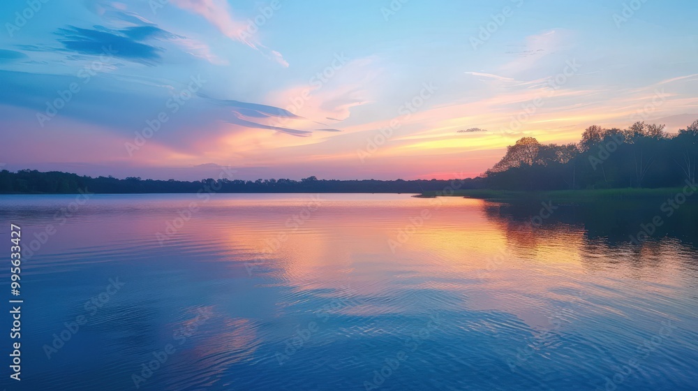 The calm lake at sunset showcases breathtaking reflections of a colorful sky, offering a picturesque view that evokes tranquility and peace. The calm lake at sunset showcases breathtaking reflections of a colorful sky, offering a picturesque view that evokes tranquility and peace.