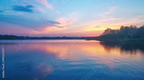 Wallpaper Mural The calm lake at sunset showcases breathtaking reflections of a colorful sky, offering a picturesque view that evokes tranquility and peace. Torontodigital.ca