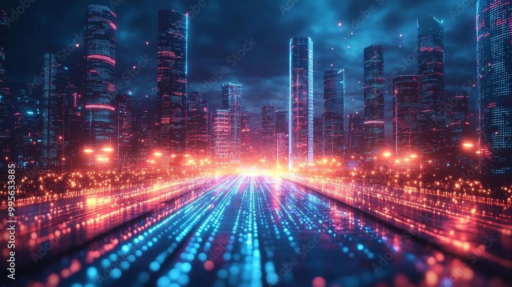 Fototapeta premium Futuristic Cyberpunk Cityscape with Neon Lights Generative AI