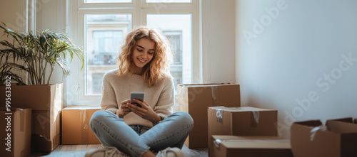 A smiling young woman sitting on the floor, using her mobile phone, surrounded by closed brown cardboard boxes. relocation, moving to a new home, transportation service, movers, real estate, rental