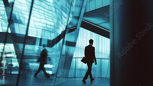 A man in a suit walks through a modern office building, the light reflecting off the glass walls.