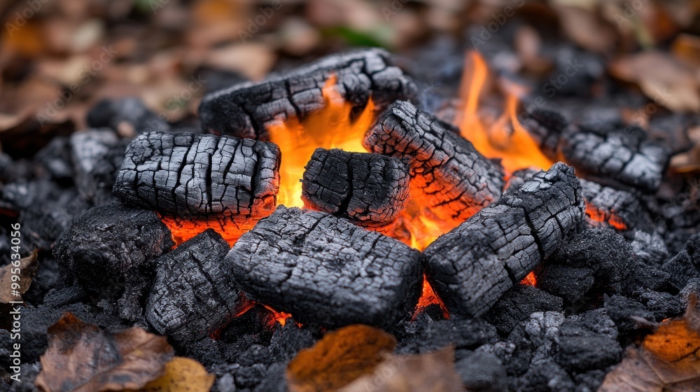 Charcoal glows brightly, surrounded by autumn leaves, creating a cozy atmosphere in an outdoor setting Charcoal glows brightly, surrounded by autumn leaves, creating a cozy atmosphere in an outdoor setting