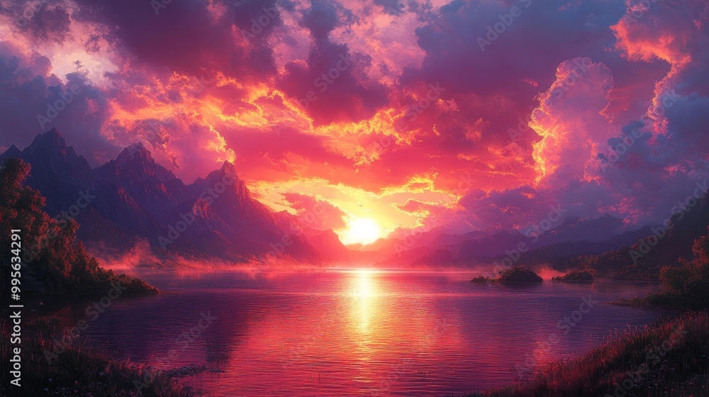 Dramatic Sunset Over Mountain Lake Generative AI