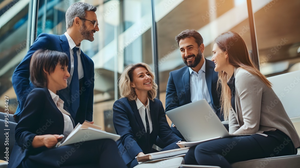 A group of four business professionals in suits, laughing and discussing work in an office. A group of four business professionals in suits, laughing and discussing work in an office.