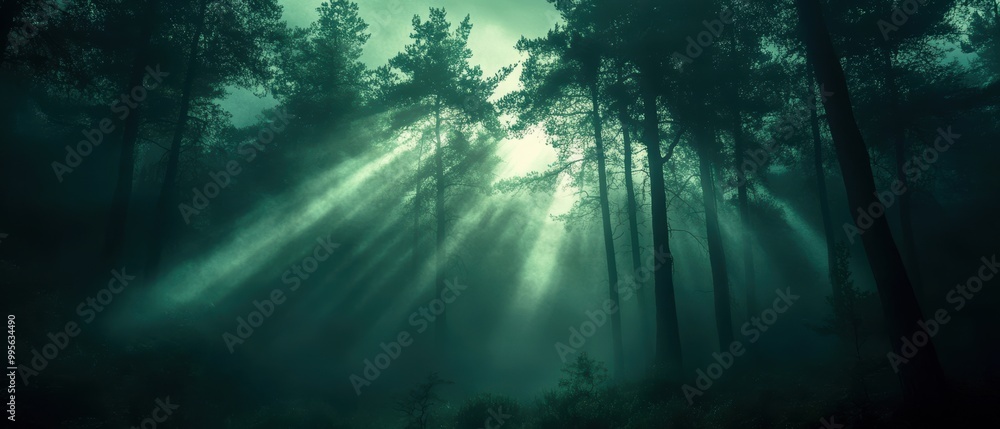 Mystical forest scene showcasing rays of sunlight piercing through fog and tall trees, creating an ethereal atmosphere. Mystical forest scene showcasing rays of sunlight piercing through fog and tall trees, creating an ethereal atmosphere.