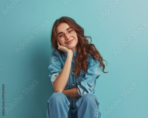 Smiling Woman in Casual Denim Outfit Against Blue Background - Portrait Photograph