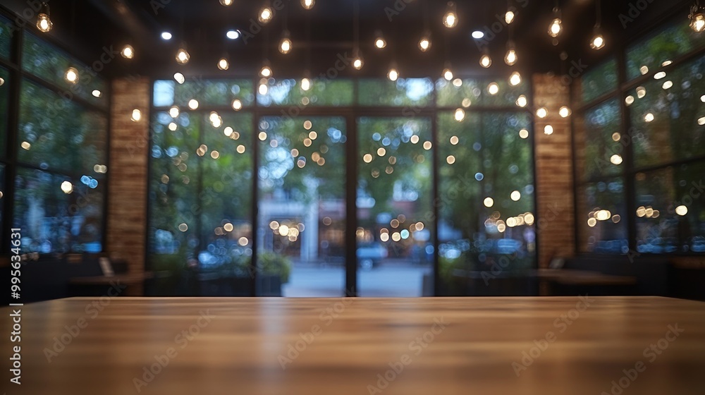 A welcoming café setting features twinkling lights and a view of the trees outside as night approaches A welcoming café setting features twinkling lights and a view of the trees outside as night approaches