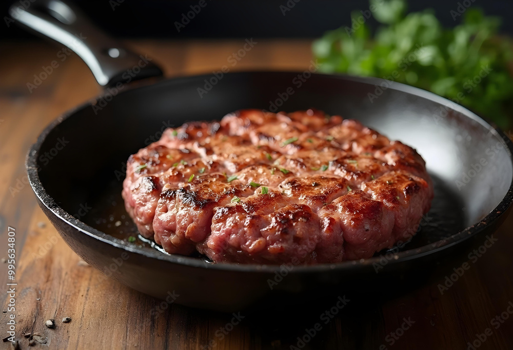 Homemade hamburger patty sizzling in skillet pan, showcasing deliciously browned exterior and juicy texture. Perfect for hearty meal! Homemade hamburger patty sizzling in skillet pan, showcasing deliciously browned exterior and juicy texture. Perfect for hearty meal!