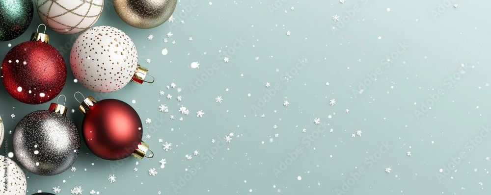 Baby shower decorations with Christmas baubles, snowfall, winter theme, 3D illustration Baby shower decorations with Christmas baubles, snowfall, winter theme, 3D illustration