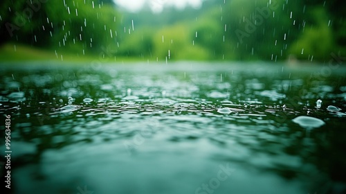 Soft rain makes ripples on a calm lake, encircled by lush greenery in a serene atmosphere