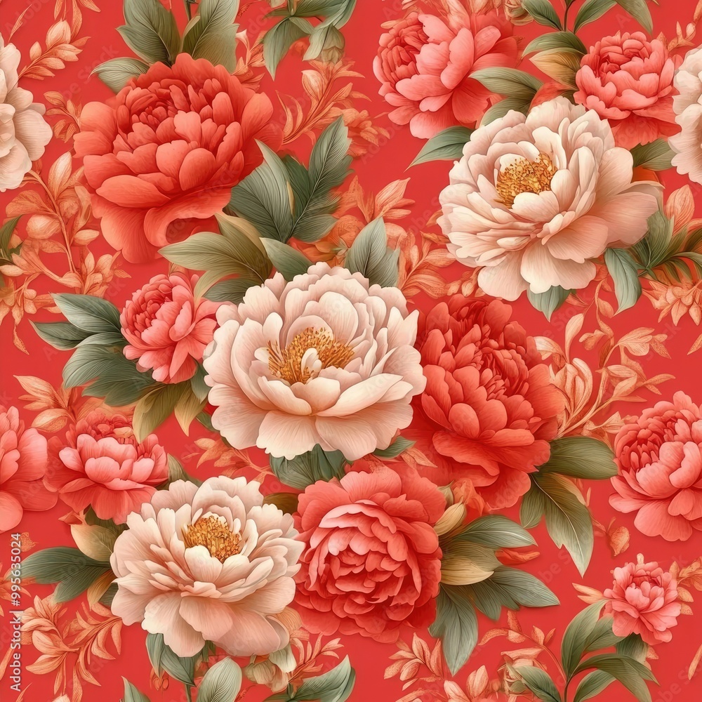 A vibrant floral pattern featuring lush peonies in shades of red and pink against a warm coral background. A vibrant floral pattern featuring lush peonies in shades of red and pink against a warm coral background.