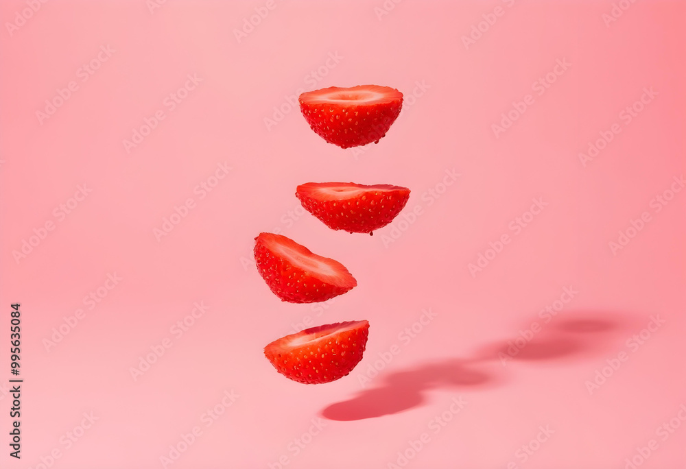 Levitating red strawberry slices create vibrant and playful scene against soft pink background, evoking sense of freshness and joy Levitating red strawberry slices create vibrant and playful scene against soft pink background, evoking sense of freshness and joy