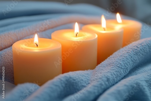 Four glowing candles resting on a soft blue blanket creating a warm and peaceful holiday scene perfect for relaxation and cozy winter nights