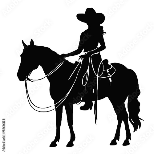 Portrait of young cowgirl  silhouette vector illustration transparent background