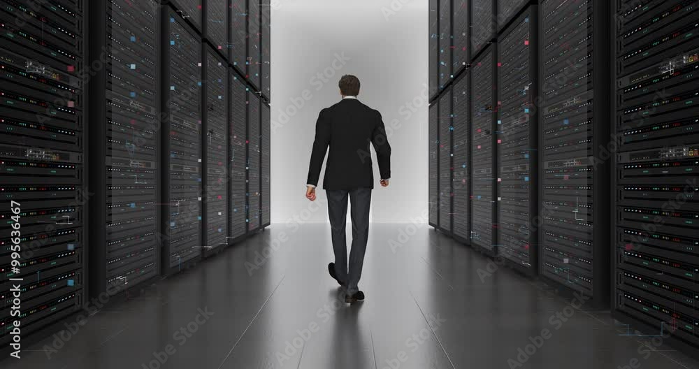 Business Man Slowly Walking And Monitoring Data Center. Digital Data Is Flowing. Technology And Business Related 3D Computer Animation. Business Man Slowly Walking And Monitoring Data Center. Digital Data Is Flowing. Technology And Business Related 3D Computer Animation.