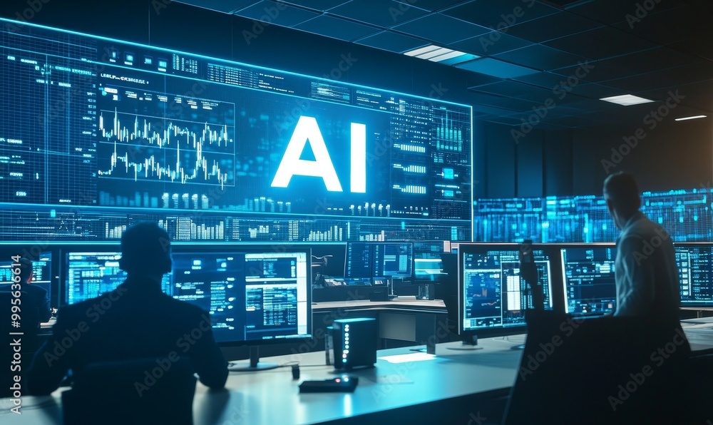 People working in a futuristic AI control room. People working in a futuristic AI control room.
