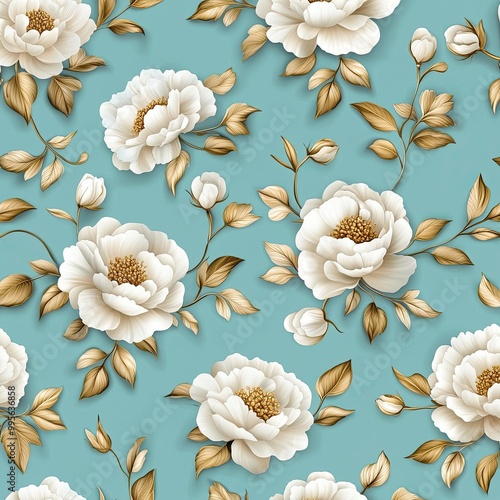 A delicate floral pattern featuring white peonies and soft green leaves on a tranquil turquoise background.