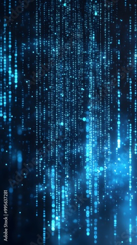 Digital background featuring blue glowing binary code, representing data technology and cybersecurity in a black space