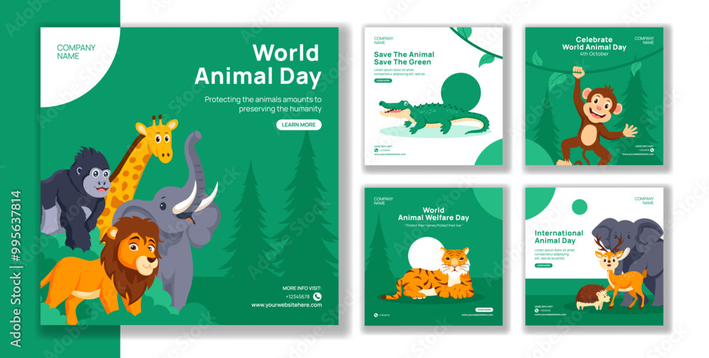 Fototapeta premium World Animal Day Social Media Post Flat Cartoon Hand Drawn Templates Background Illustration