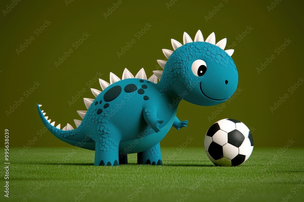 Naklejka premium Cute Cartoon Dinosaur Playing Soccer