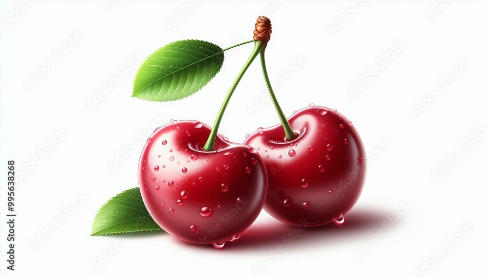 fresh cherries with stem and leaf