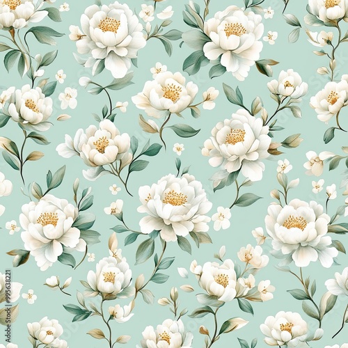 A beautiful floral pattern with white blooming flowers and delicate leaves on a soft teal background.
