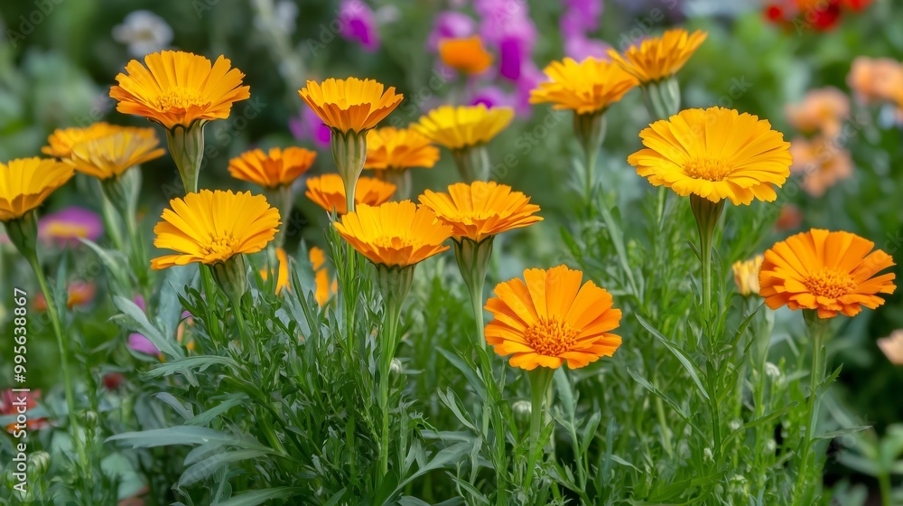 Vibrant yellow flowers bloom in a lush garden during the warm afternoon sunlight, creating a cheerful, colorful display Vibrant yellow flowers bloom in a lush garden during the warm afternoon sunlight, creating a cheerful, colorful display
